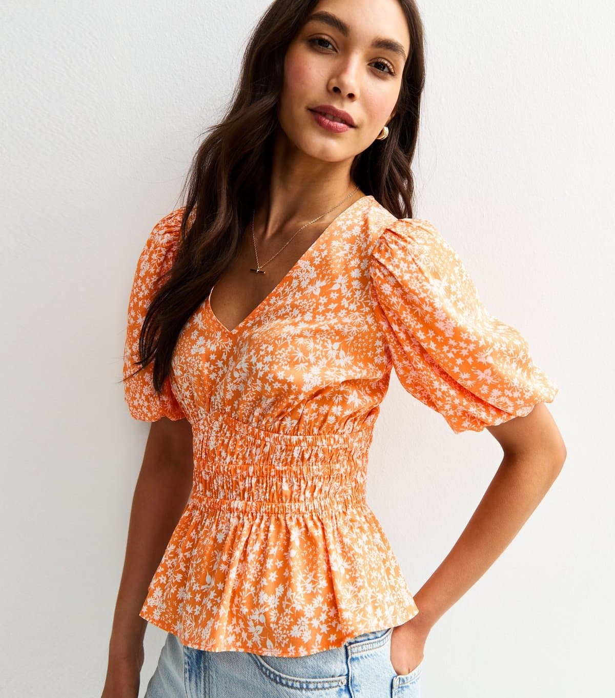 New Look Women's Orange Floral Shirred Waist Blouse New Look