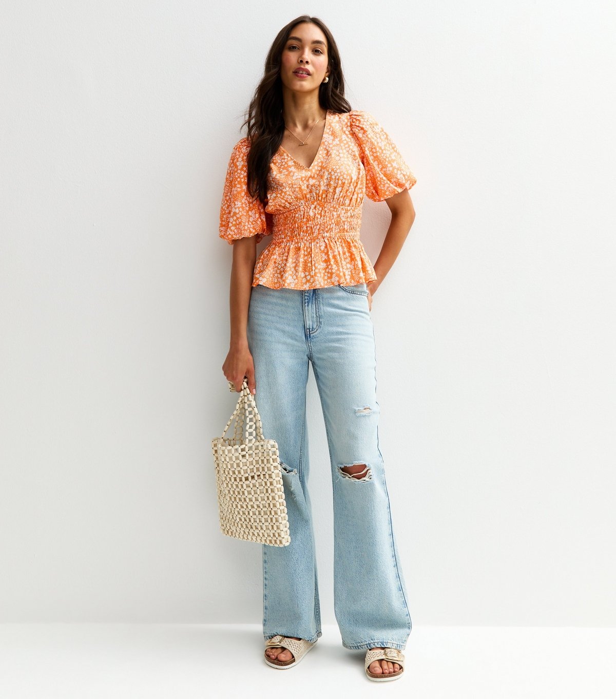 New Look Women's Orange Floral Shirred Waist Blouse New Look - 3