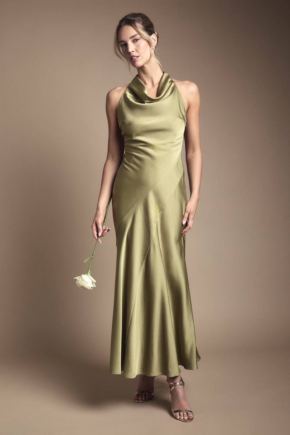 Oasis Oasis Women's Petite Cowl Halterneck Satin Maxi Bridesmaid Dress in Olive - 2