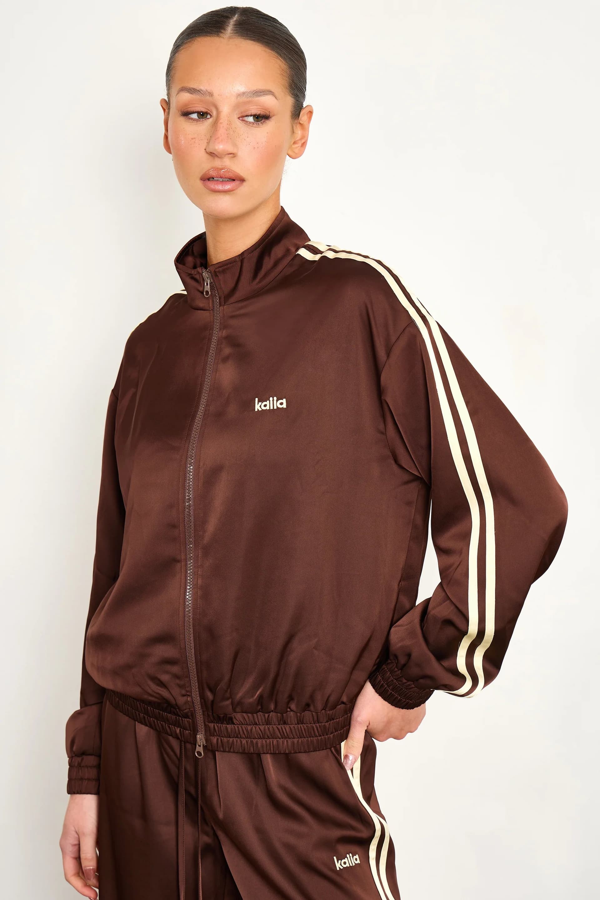 Kaiia Kaiia Satin Side Stripe Zip Up Jacket in Cocoa Brown