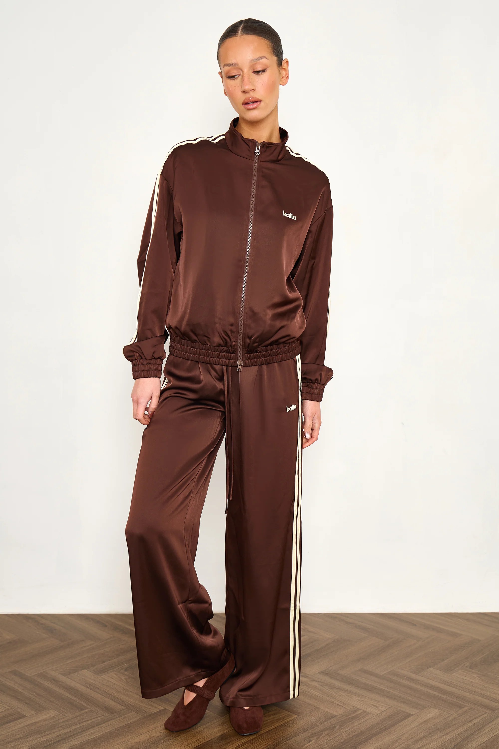 Kaiia Kaiia Satin Side Stripe Zip Up Jacket Cocoa Brown & Lemon - 2