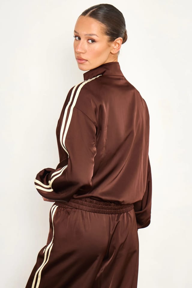 Kaiia Kaiia Satin Side Stripe Zip Up Jacket Cocoa Brown & Lemon - 3