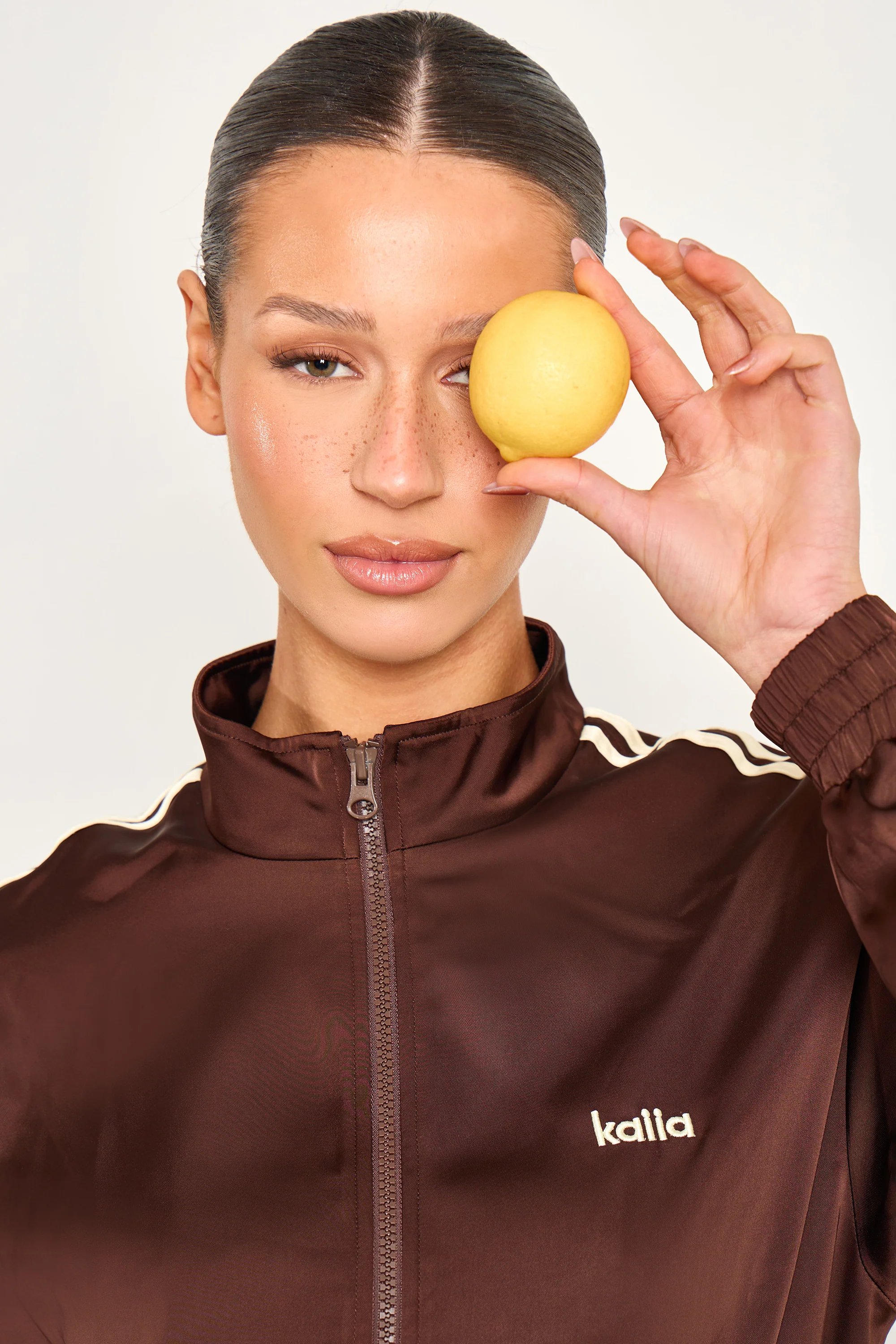 Kaiia Kaiia Satin Side Stripe Zip Up Jacket Cocoa Brown & Lemon - 4