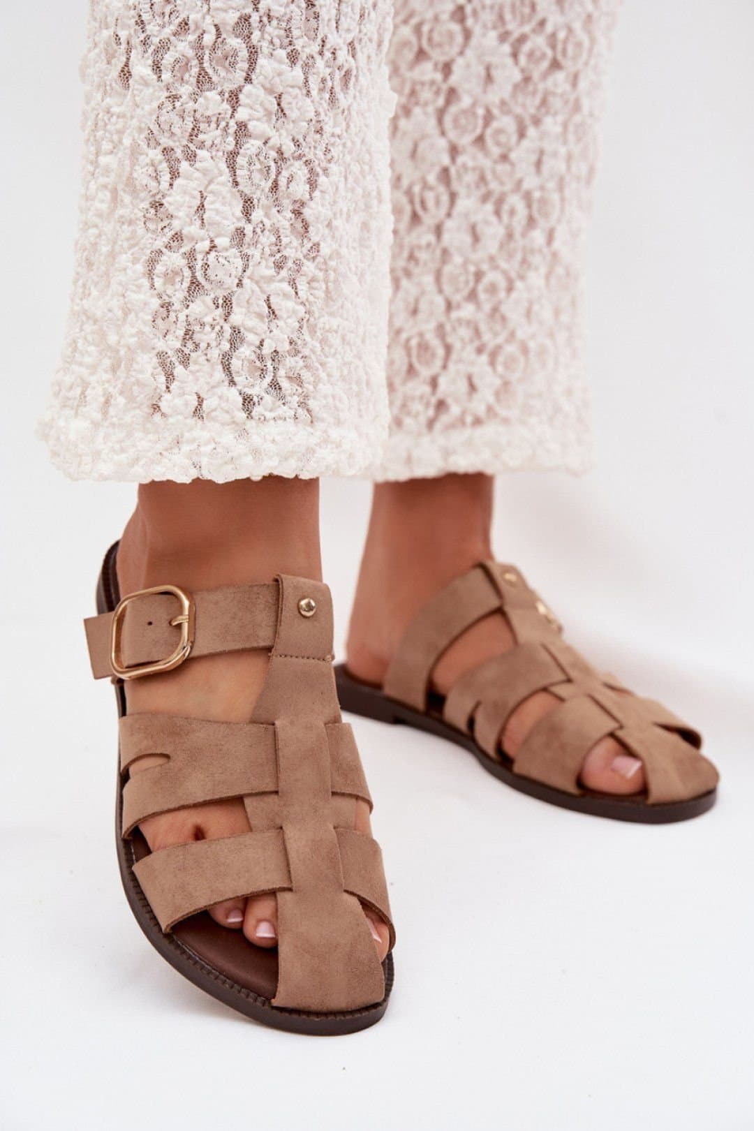 Love Lace Love Lace Women's Suede Flat Sandals with Buckle Straps & Soft Insole Comfort in Beige
