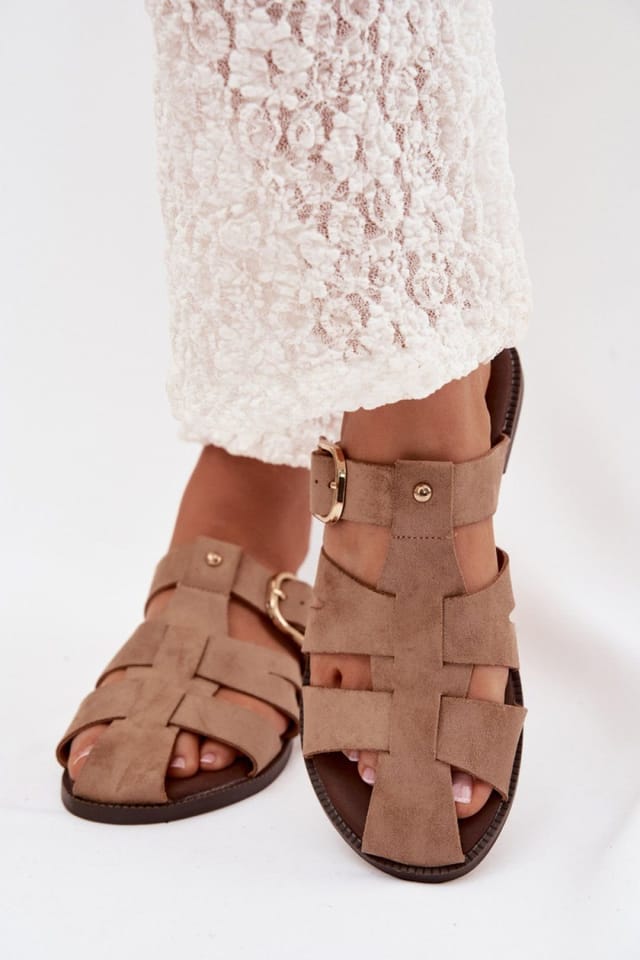Love Lace Love Lace Women's Suede Flat Sandals with Buckle Straps & Soft Insole Comfort in Beige - 3