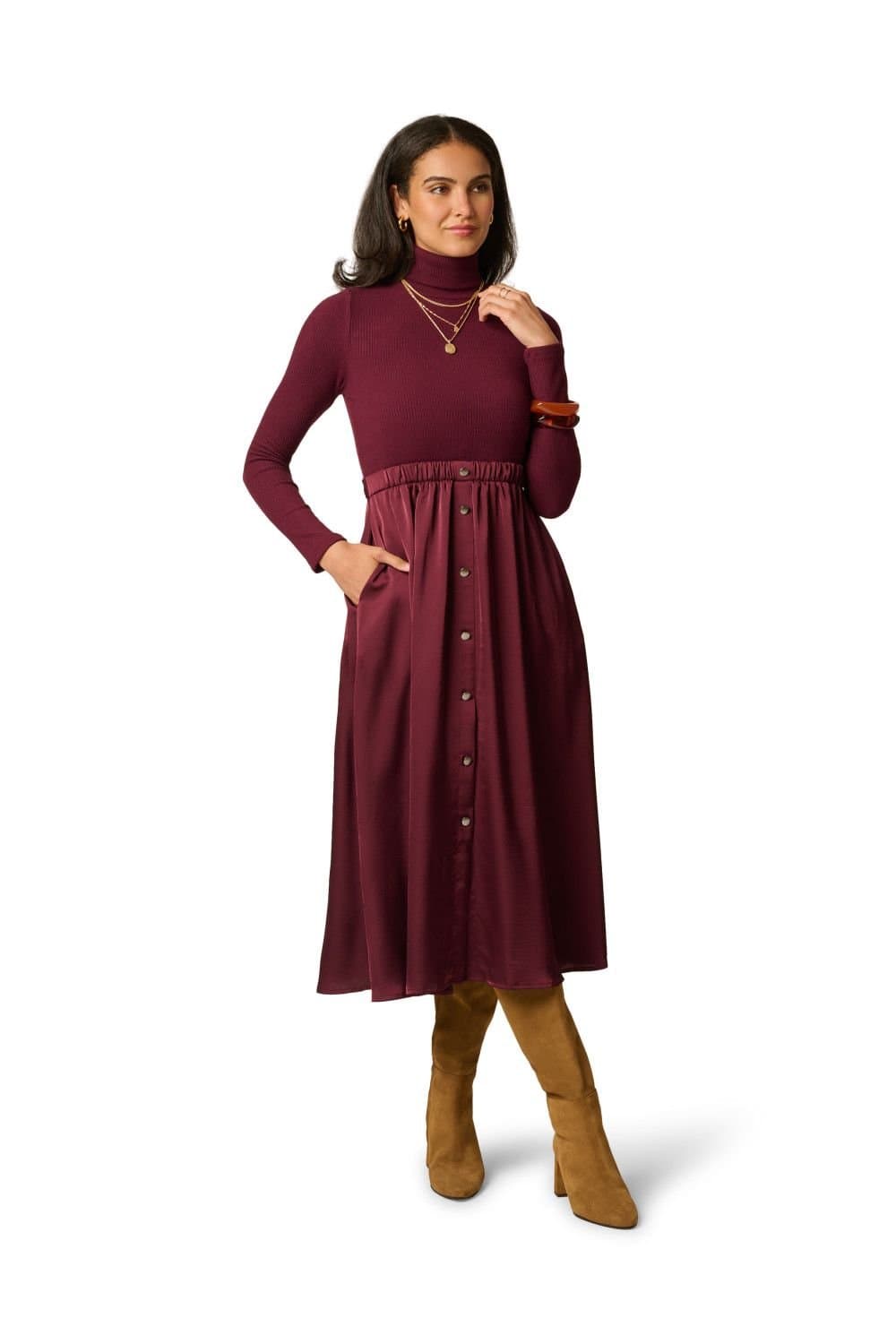 Adrianna Papell Adrianna Papell Women's Turtleneck Combo Dress in Wine