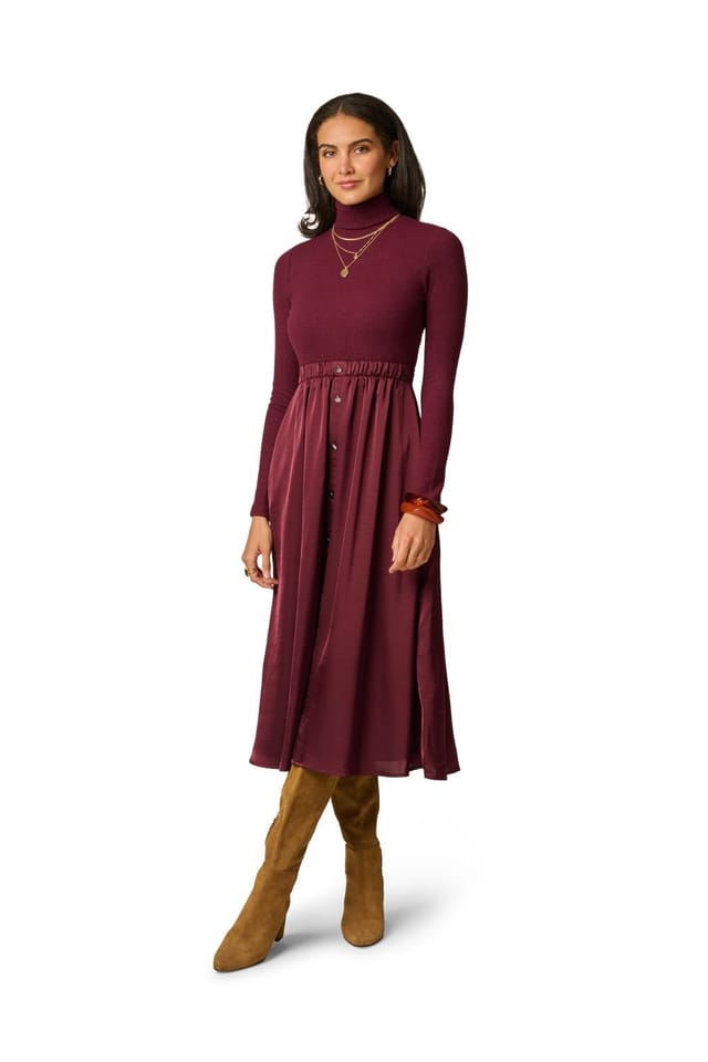 Adrianna Papell Adrianna Papell Women's Turtleneck Combo Dress in Wine - 2