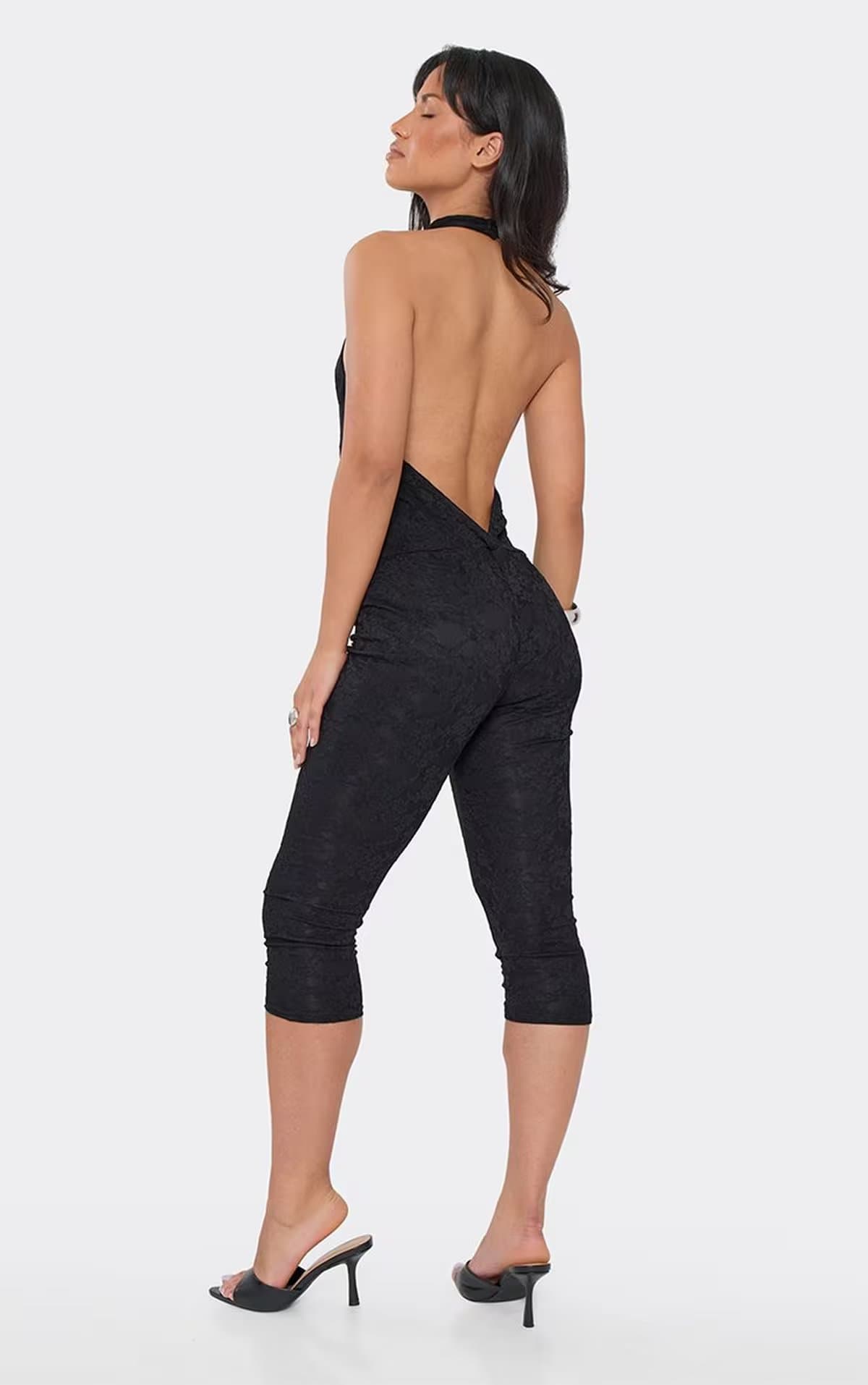 EGO High Neck Low Back Capri Jumpsuit In Black Lace, Women's Size UK 6
