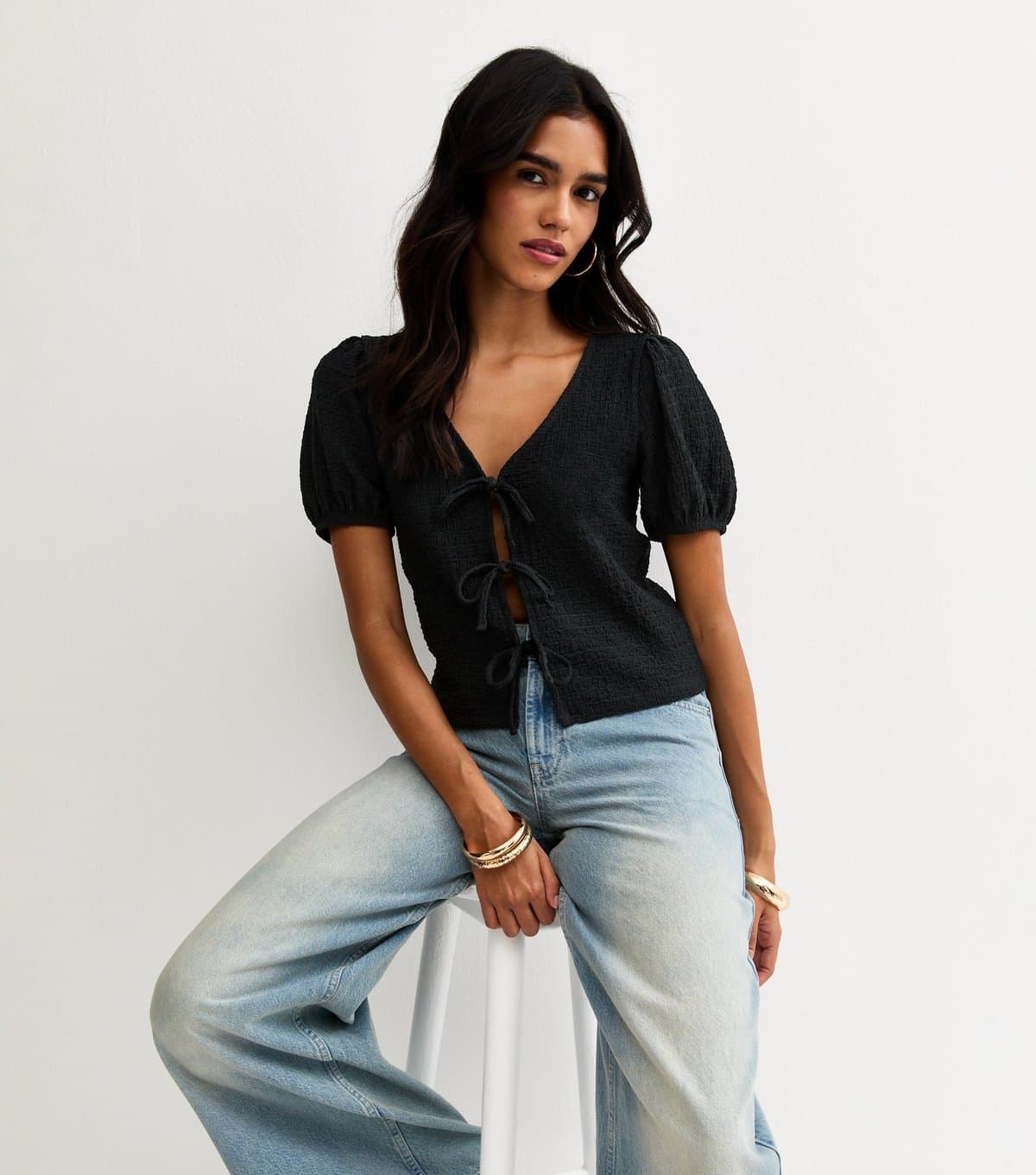 New Look Women's Black Textured Tie Front Puff Sleeve Top New Look