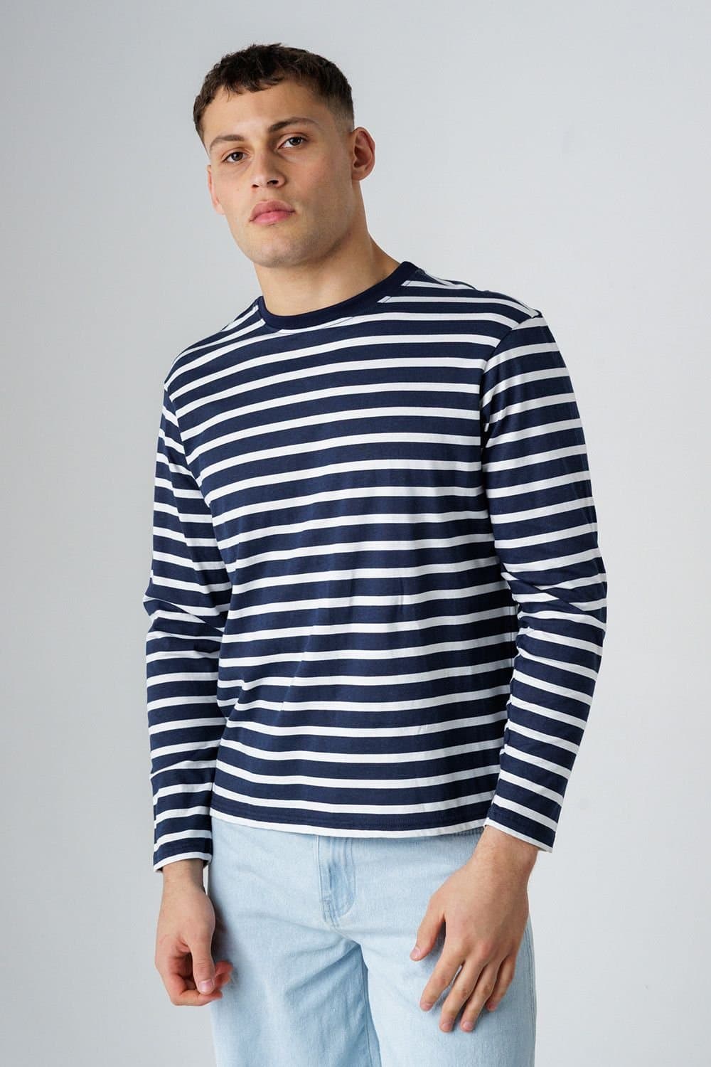 Influence Influence Men's Cotton Striped Crew Neck Long Sleeve T-Shirt in Navy