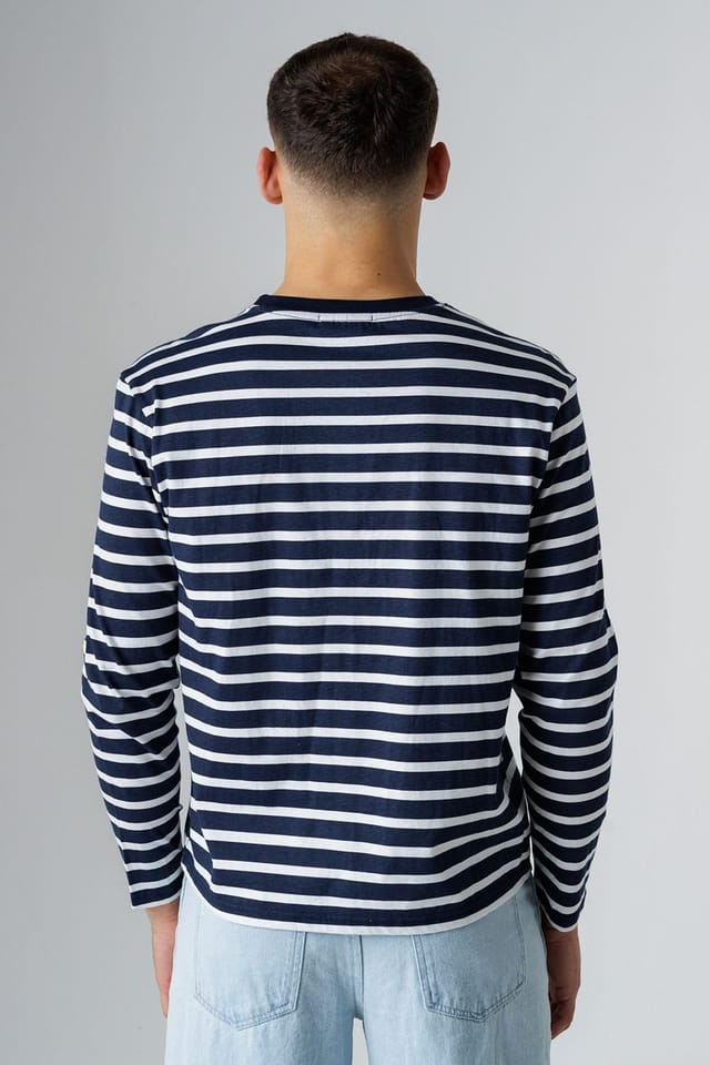 Influence Influence Men's Cotton Striped Crew Neck Long Sleeve T-Shirt in Navy - 2