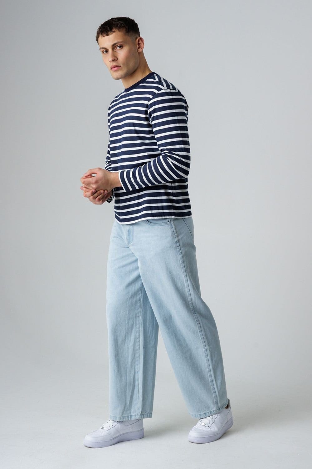Influence Influence Men's Cotton Striped Crew Neck Long Sleeve T-Shirt in Navy - 4