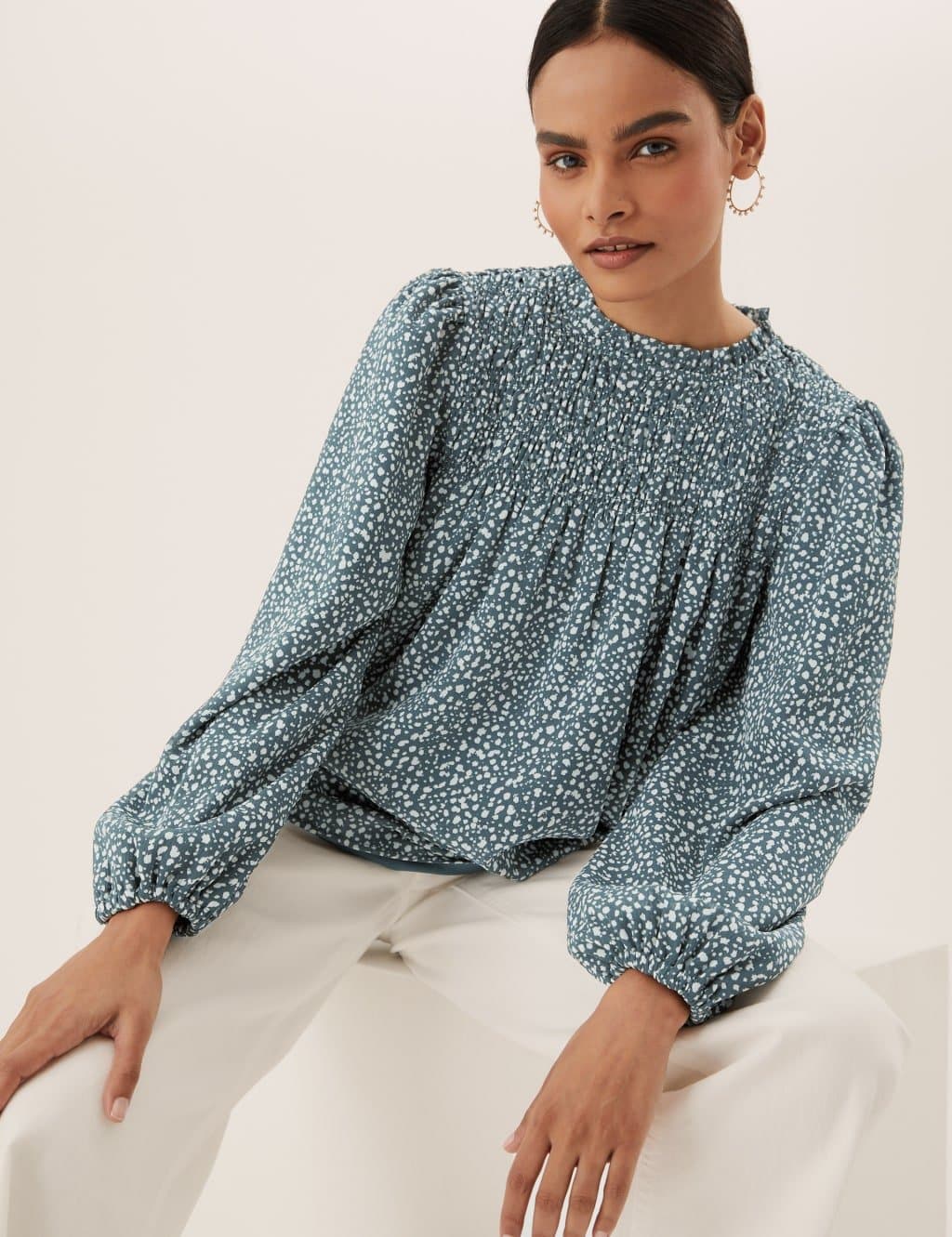 Marks & Spencer M&S Ditsy Floral Smocked Long Sleeve Blouse Green Mix