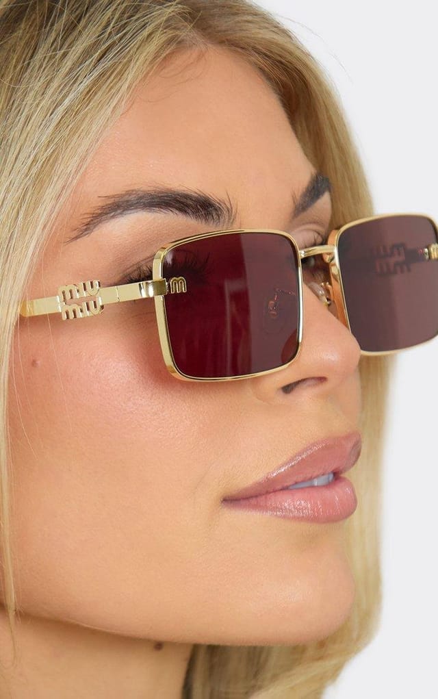 EGO Side Logo Thin Gold Frame Rectangle Shaped Tinted Lense Sunglasses In Brown, Women's Size UK 0 - 2