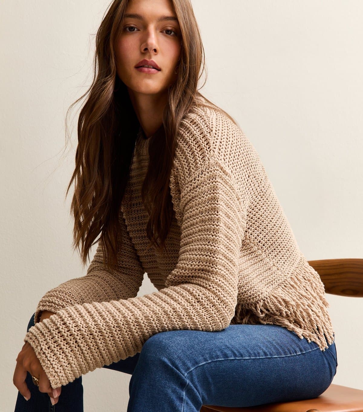 New Look Women's Camel Heavy Knit Fringe Hem Jumper New Look