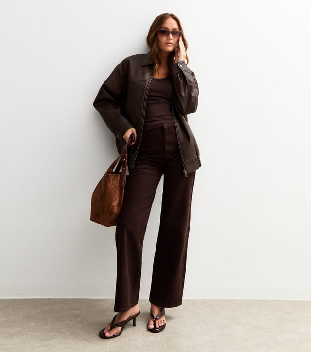 New Look Women's Dark Brown Oversized Washed Faux Leather Jacket New Look - 3