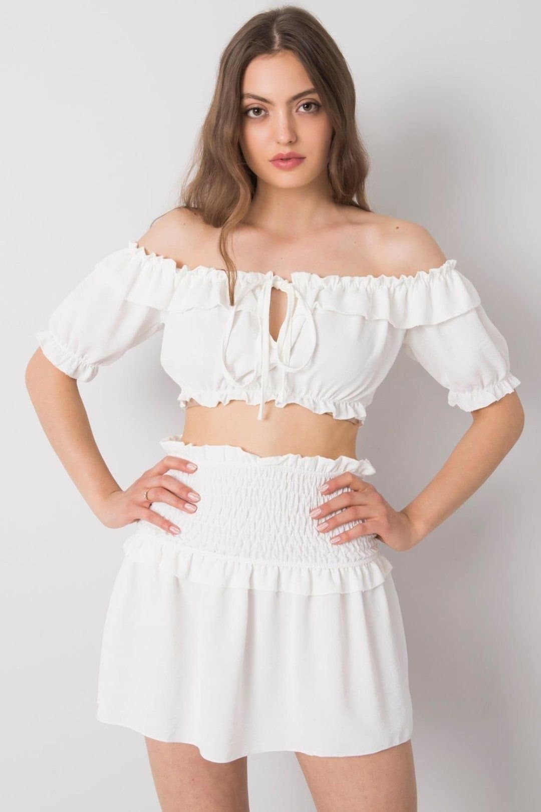 Love Lace Love Lace Women's Spanish Neck Tie Front Short Sleeve Blouse in White