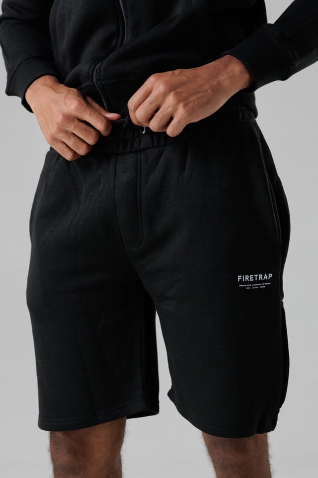 Firetrap Firetrap Men's Regular Fit Cotton Blend Fleece Shorts with Drawstring Waist in Black - 3