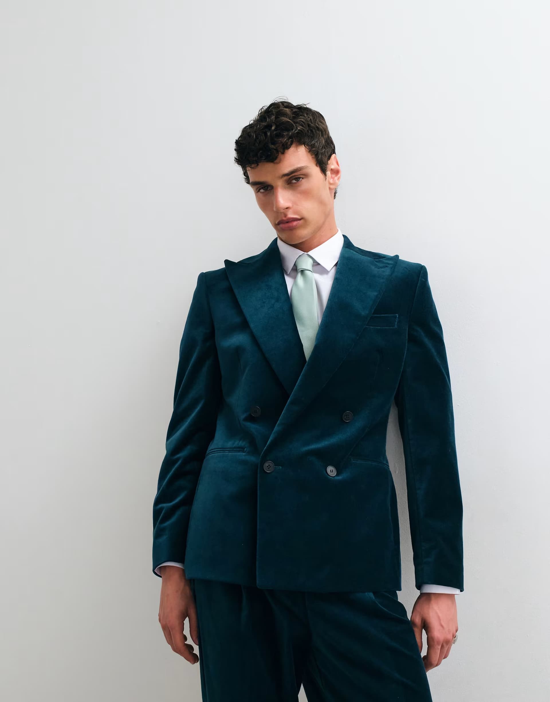 ASOS ASOS DESIGN slim double breasted suit jacket in dark teal cotton velvet