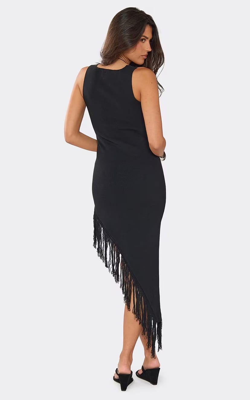 EGO Scoop Neck Fringe Detail Asymmetric Hem Maxi Dress In Black Knit., Women's Size UK L - 1