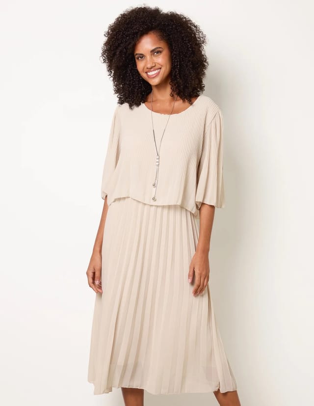 Blue Vanilla Pleated Short Sleeve Dress with Necklace - 2