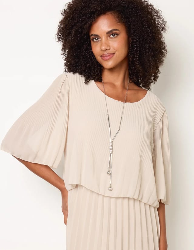 Blue Vanilla Pleated Short Sleeve Dress with Necklace - 3