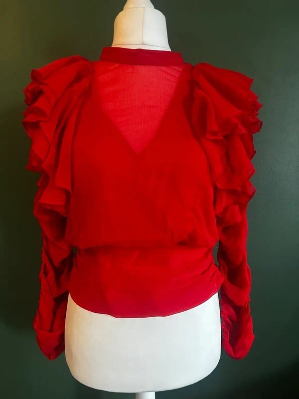 ASOS Red Chiffon High Neck Blouse with Ruffle