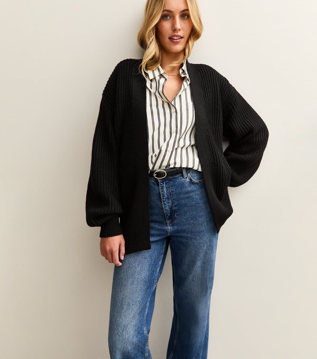 New Look Women's Tall Black Ribbed Knit Balloon Sleeve Long Cardigan New Look