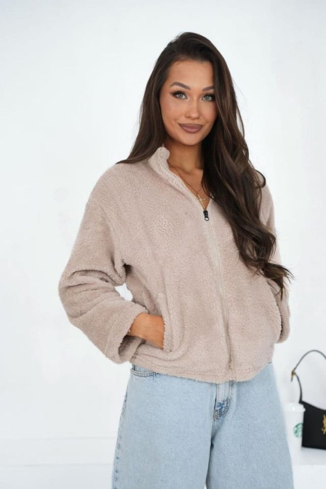 Love Lace Love Lace Women's Soft Teddy Zip Up Stand Collar Sweatshirt in Beige - 2