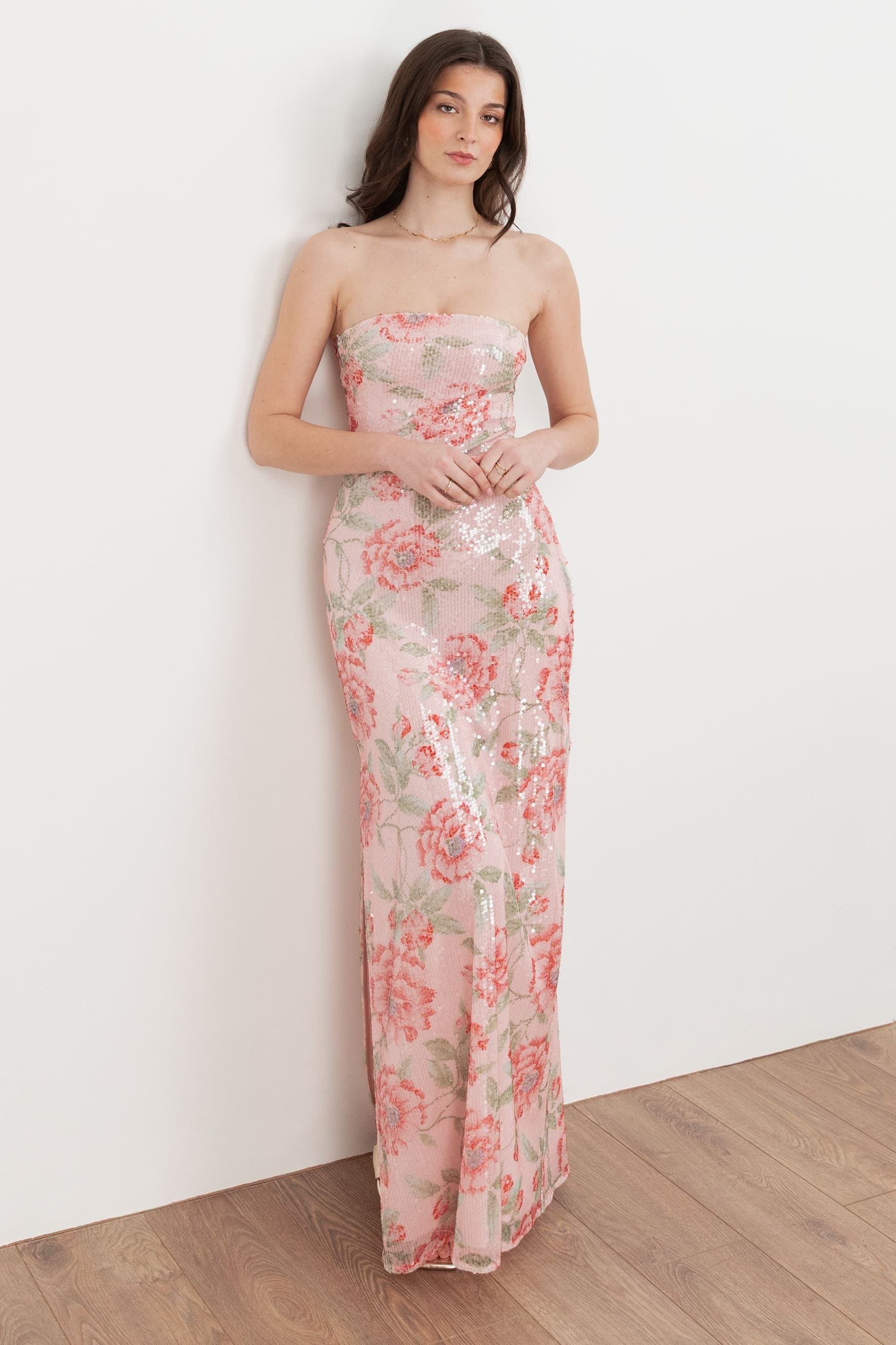 Maya Deluxe Maya Deluxe Women's Printed Sequin Bandeau Maxi Dress in Pink
