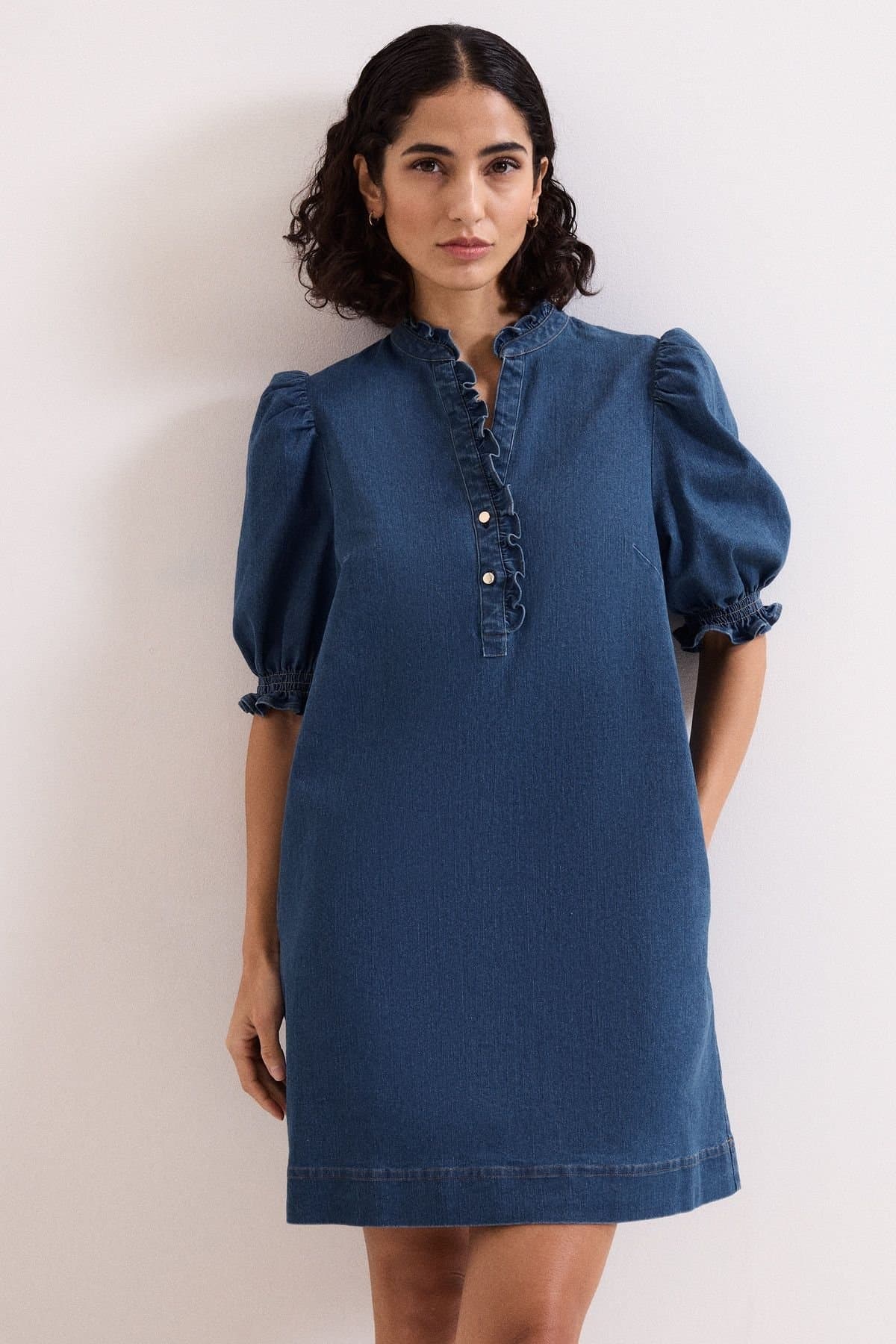 Phase Eight Phase Eight Women's Carly Ruffle Placket Denim Dress in Mid Blue