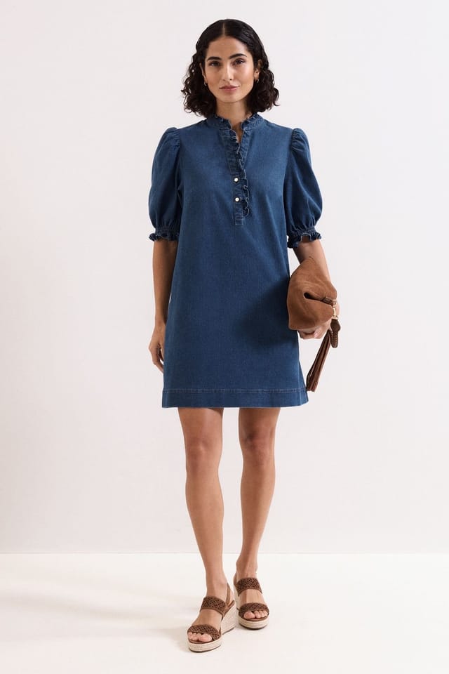 Phase Eight Phase Eight Women's Carly Ruffle Placket Denim Dress in Mid Blue - 3