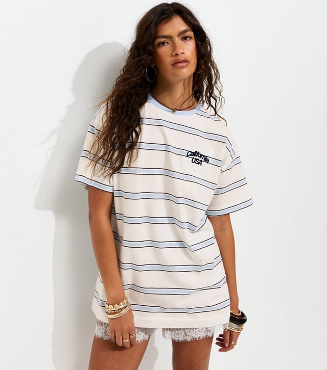 New Look Women's Cream Cotton Stripe California Embroidery Oversized T-Shirt New Look - 2