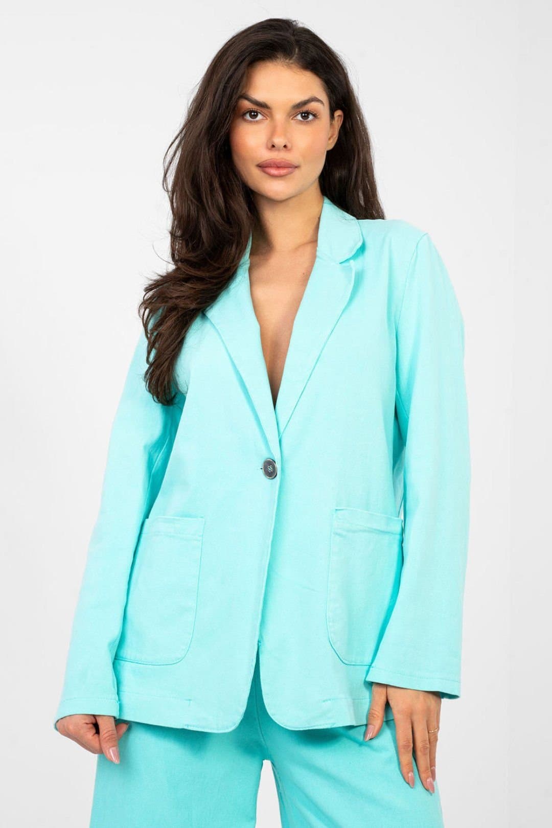 Love Lace Love Lace Women's Cotton Denim Blazer with Pockets in Turquoise