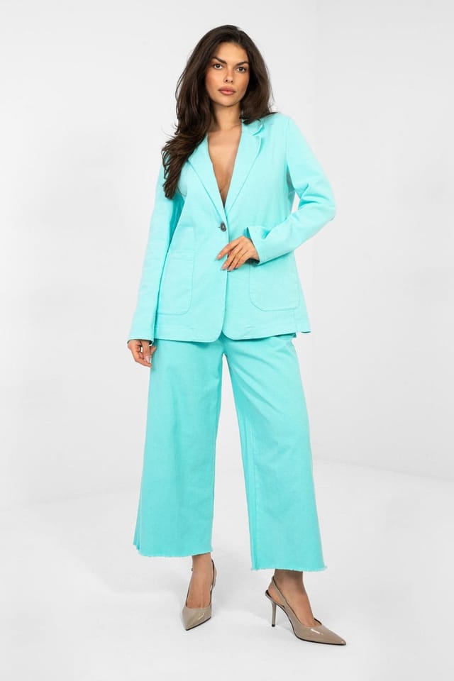 Love Lace Love Lace Women's Cotton Denim Blazer with Pockets in Turquoise - 2