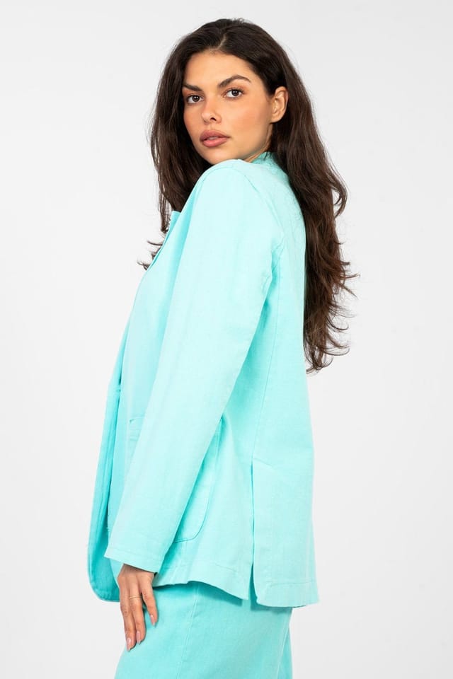Love Lace Love Lace Women's Cotton Denim Blazer with Pockets in Turquoise - 3