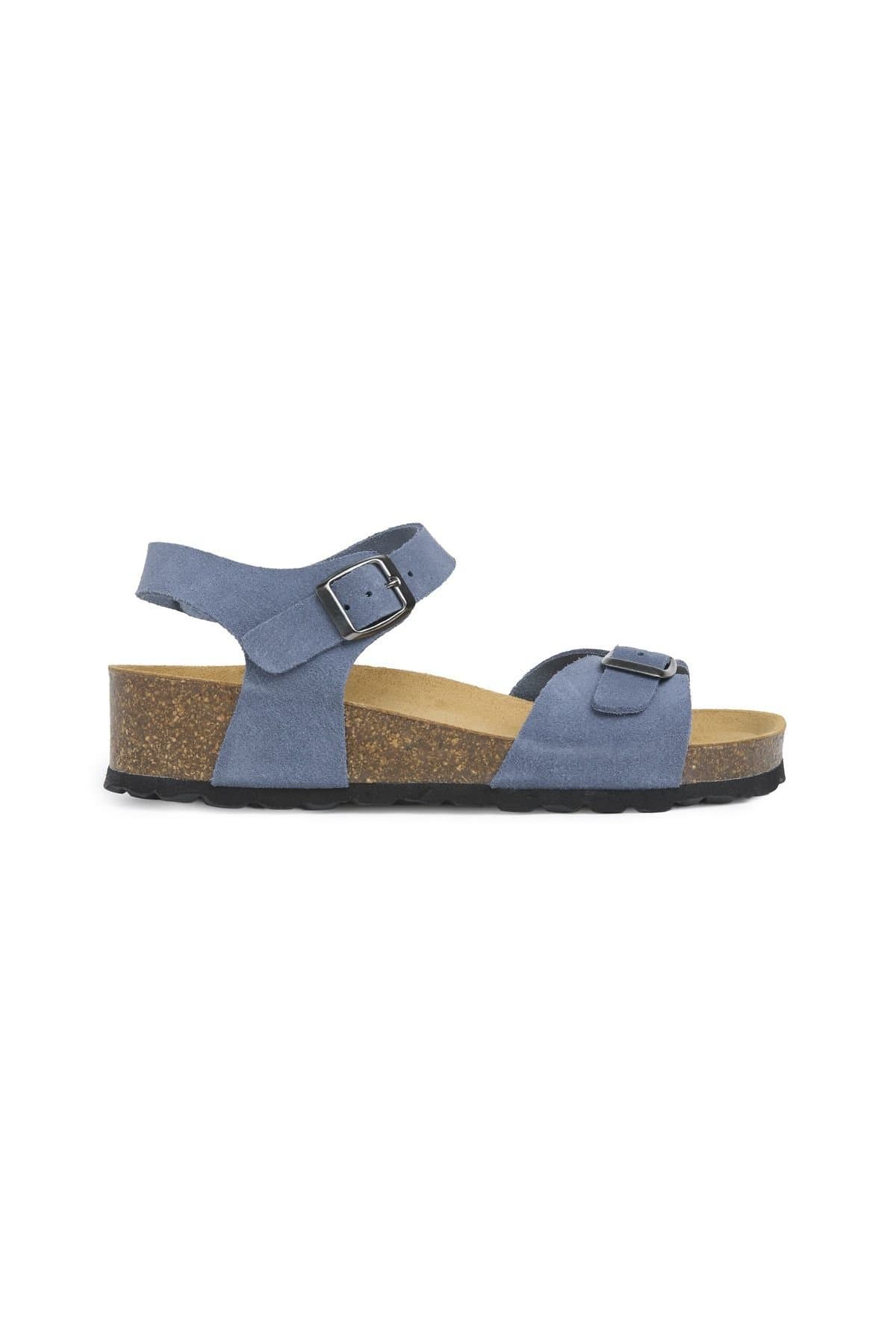 Celtic & Co Celtic & Co Women's Low Wedge Double Buckle Suede Sandal in Duck Egg Blue