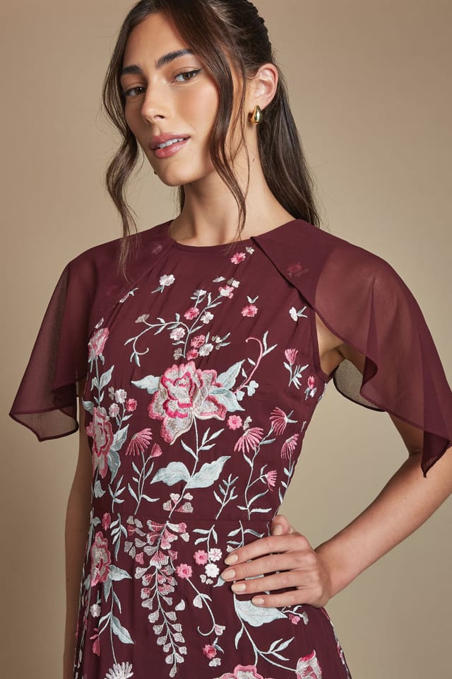 Coast Coast Women's Embroidered Trailing Floral Cape Detail Tiered Bridesmaid Dress in Malbec - 2