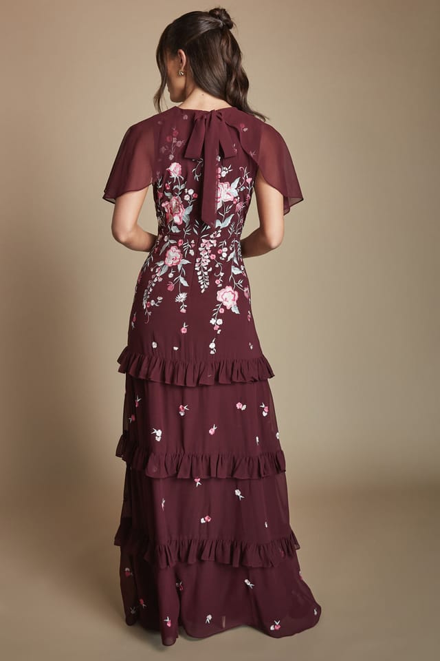 Coast Coast Women's Embroidered Trailing Floral Cape Detail Tiered Bridesmaid Dress in Malbec - 3