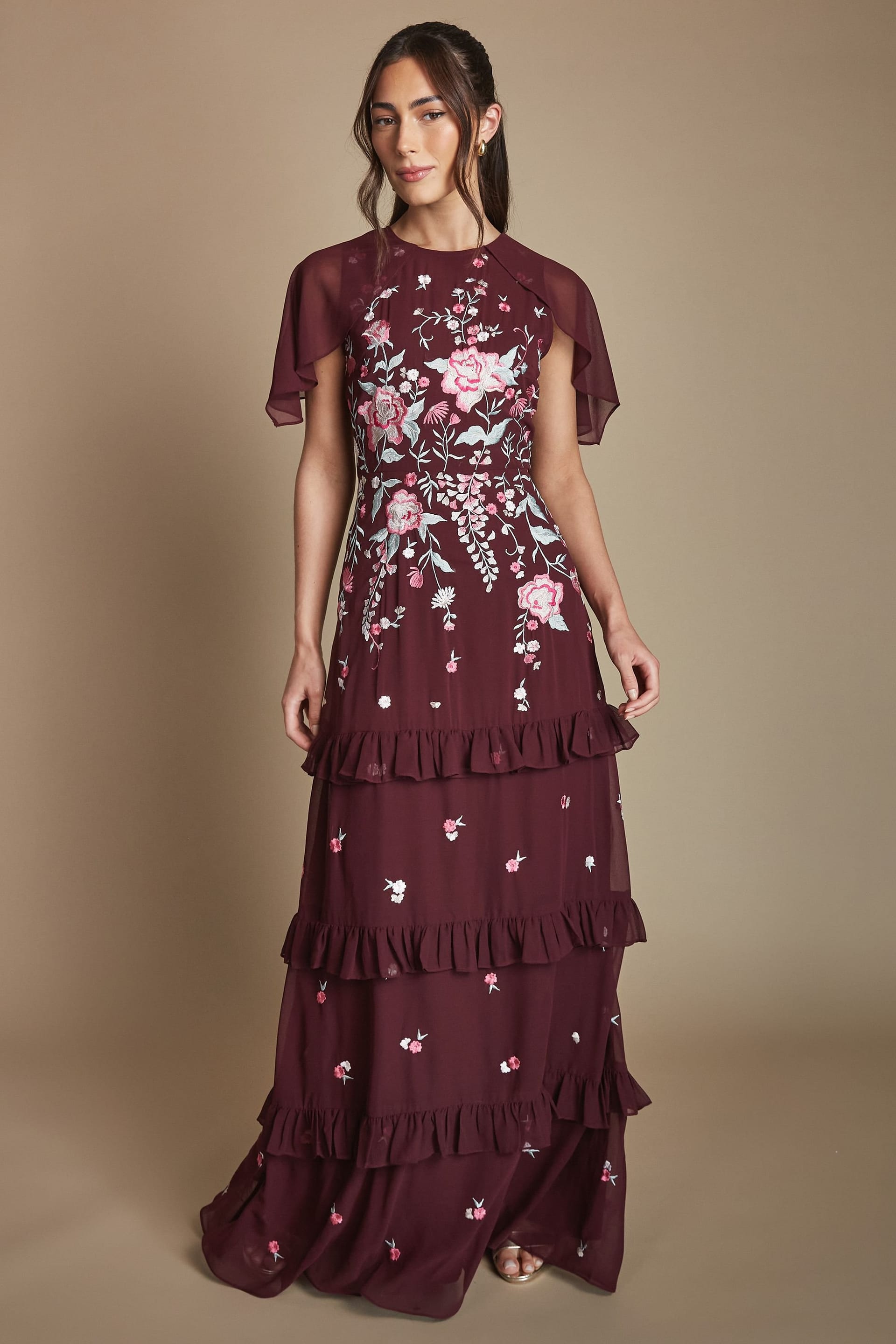 Coast Coast Women's Embroidered Trailing Floral Cape Detail Tiered Bridesmaid Dress in Malbec - 4