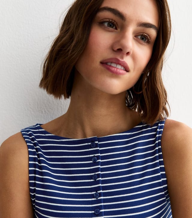 New Look Women's Dark Blue Stripe Button Through Tank Top New Look - 2