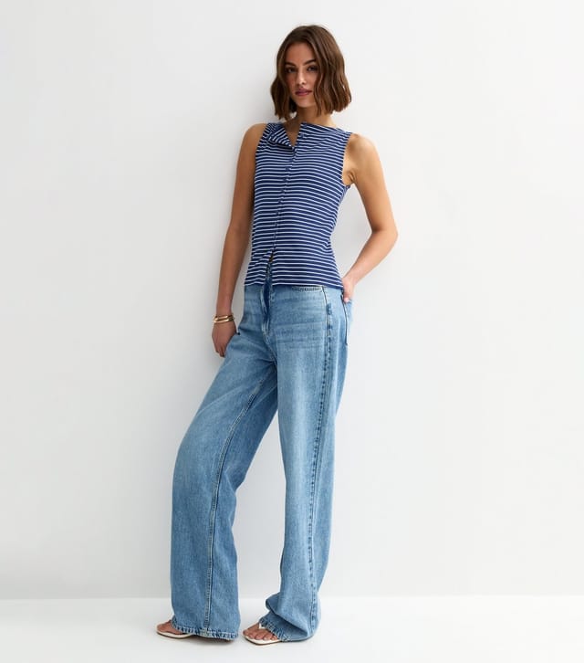 New Look Women's Dark Blue Stripe Button Through Tank Top New Look - 3