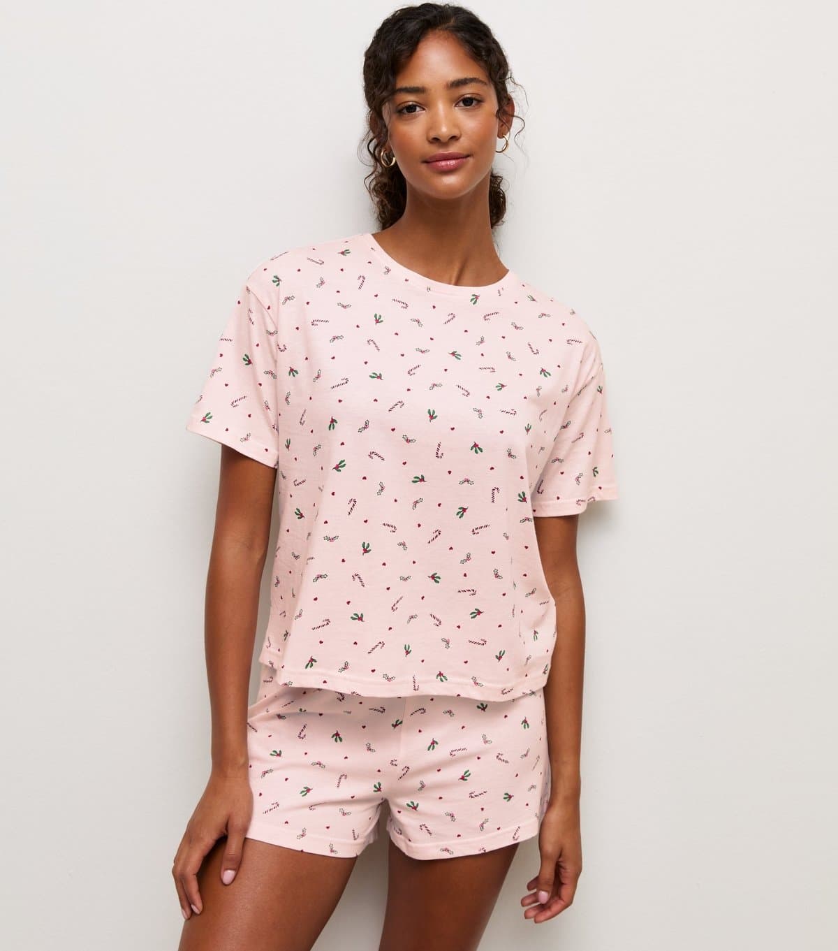 New Look Women's Pink Cotton Christmas Pattern Print Pyjama Shorts Set New Look