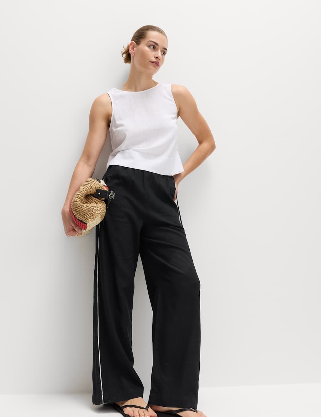 Marks & Spencer M&S Linen Rich Tie Side Wide Leg Trousers Black
