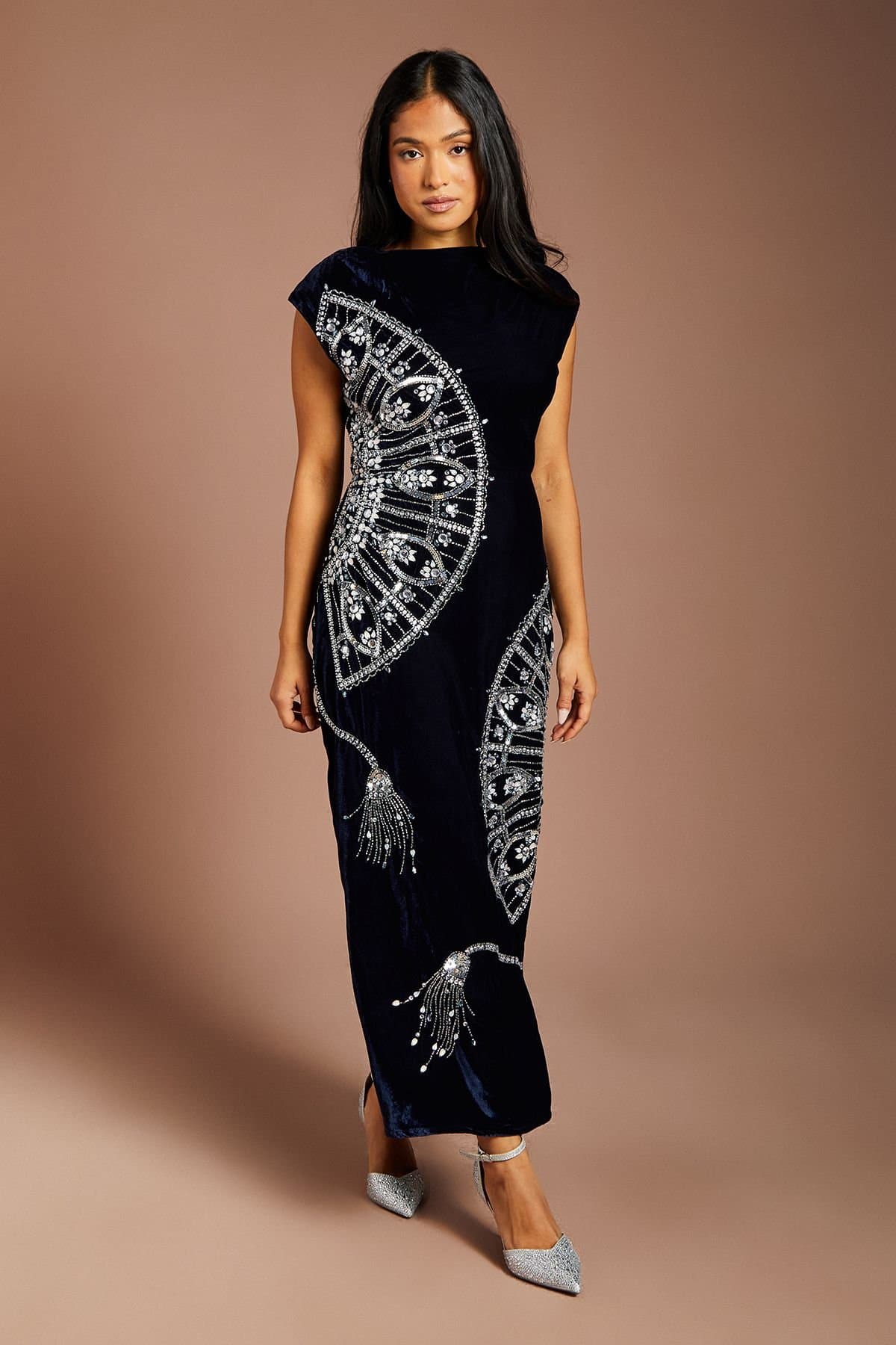 Coast Coast Women's Petite Sleeveless V Back Velvet Embellished Midi Dress in Navy