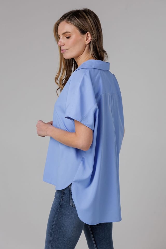 French Connection French Connection Women's Popover Short Sleeve Collared High Low Blouse in Blue - 2
