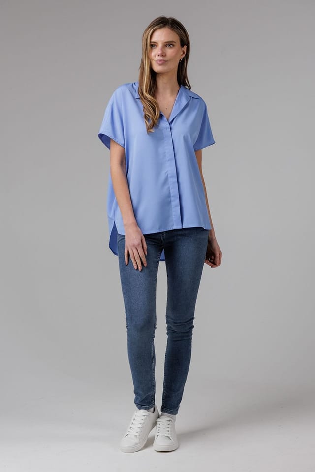 French Connection French Connection Women's Popover Short Sleeve Collared High Low Blouse in Blue - 3