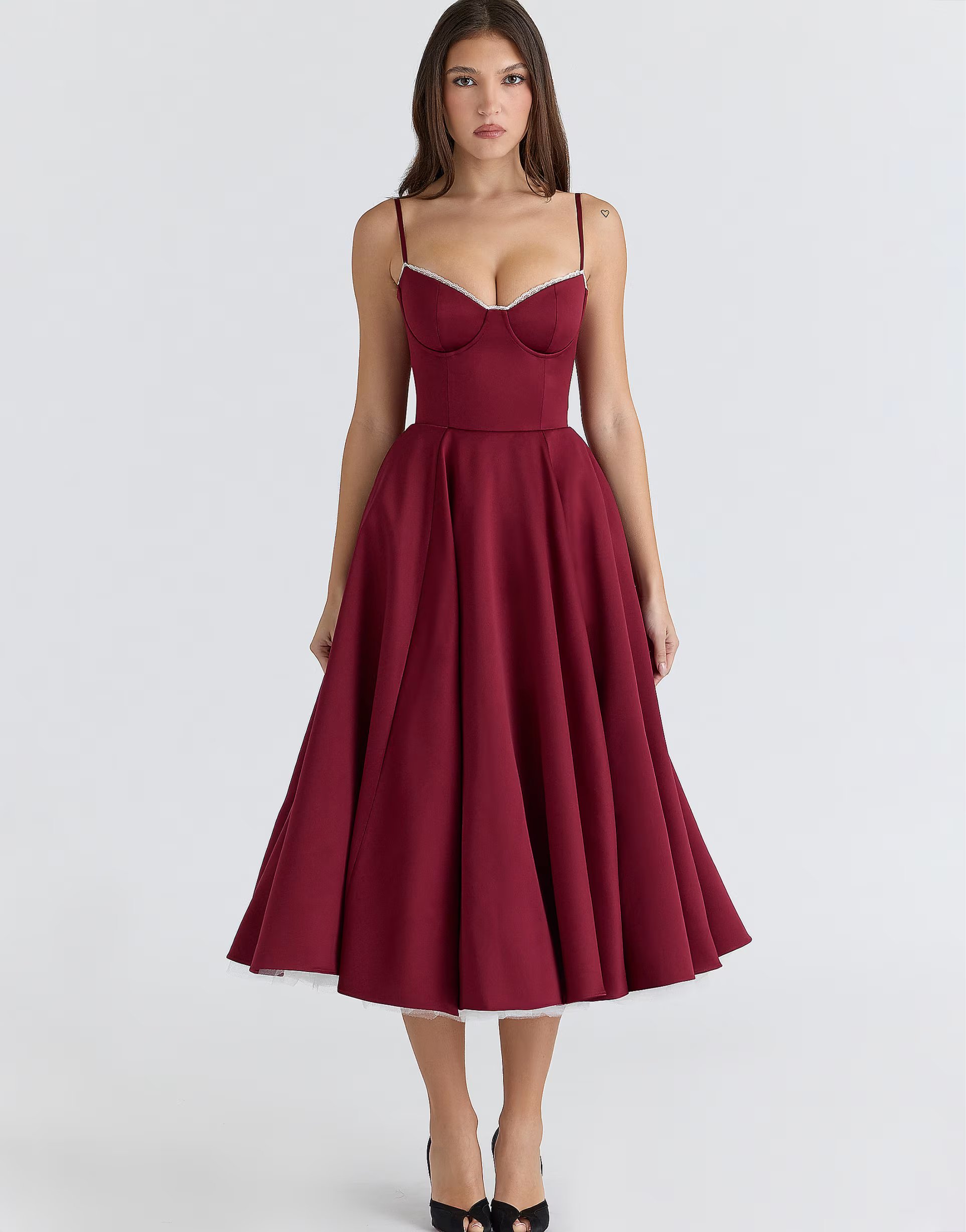ASOS House of CB Mademoiselle wine satin tulle midi dress in wine - 1