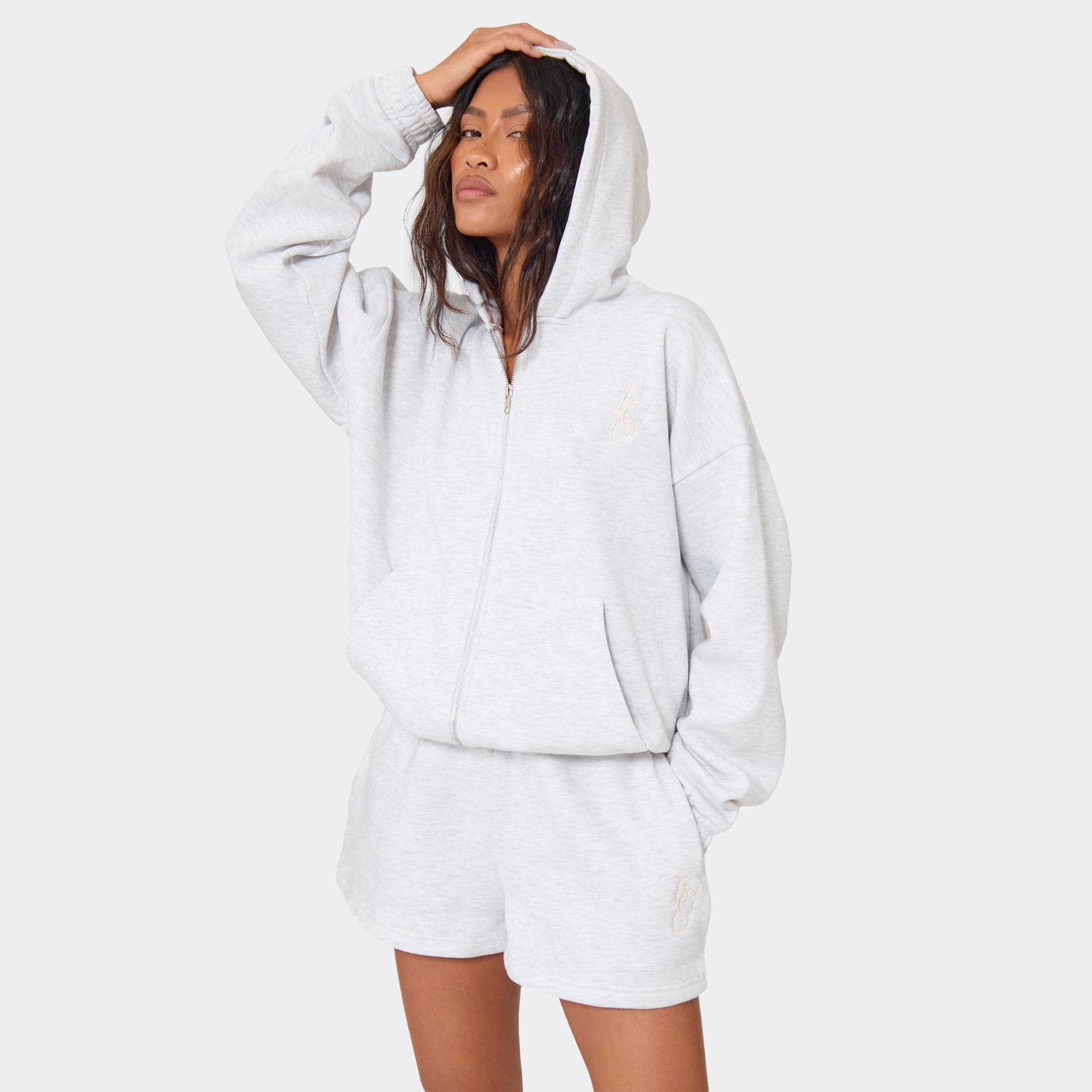 EGO EGO Light Grey Marl Embroidered Graphic Detail Oversized Zip Up Hoodie