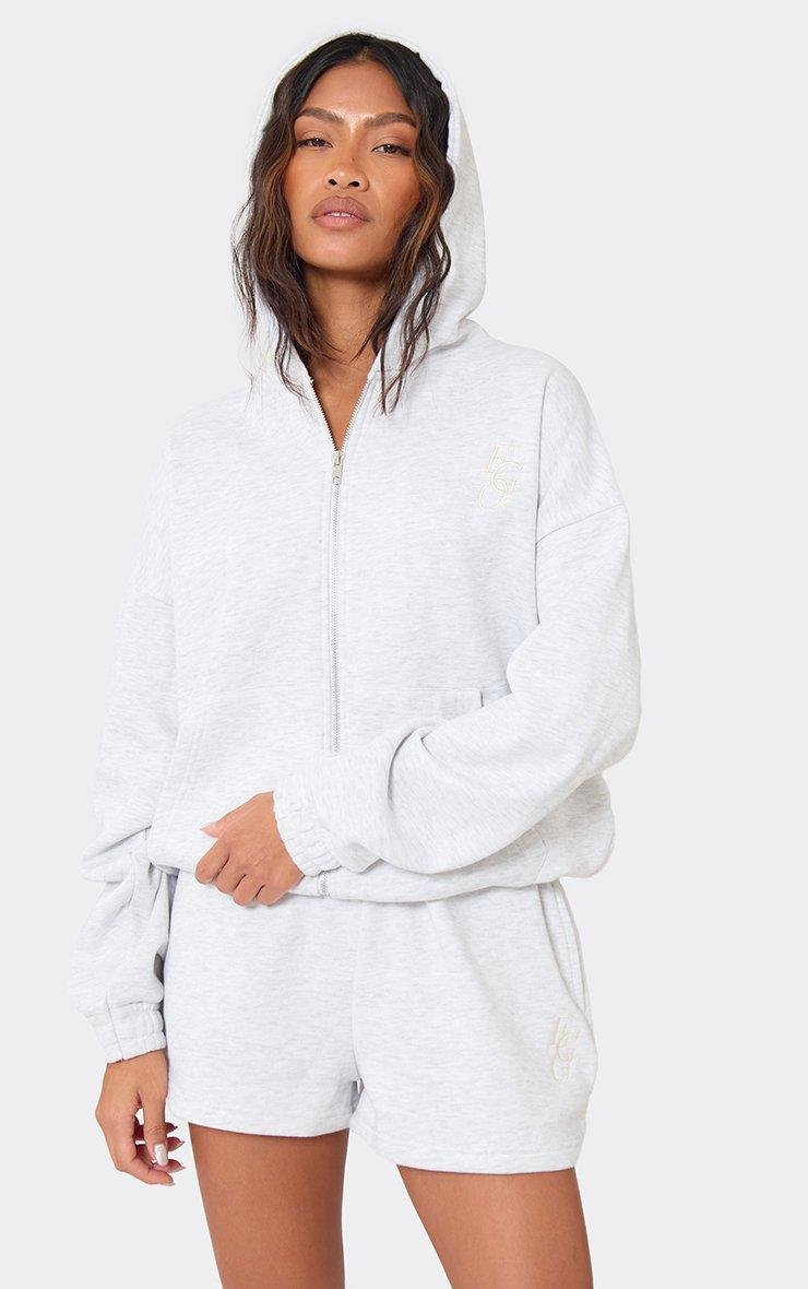 EGO Ego Embroidered Graphic Detail Oversized Zip Up Hoodie In Light Grey Marl, Women's Size UK 6 - 2